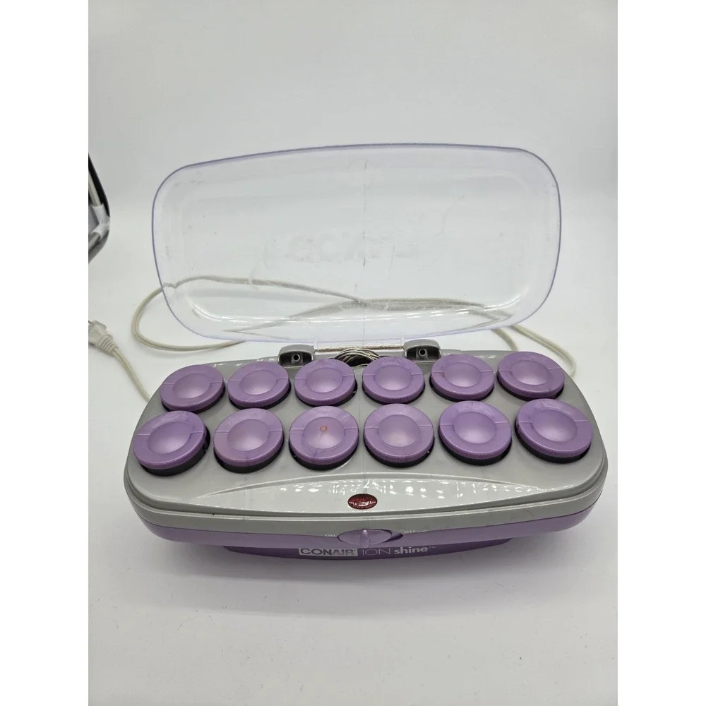 CONAIR ION SHINE 12 Hot Rollers Flocked Heated Hair Curler Jumbo Purple Cracked